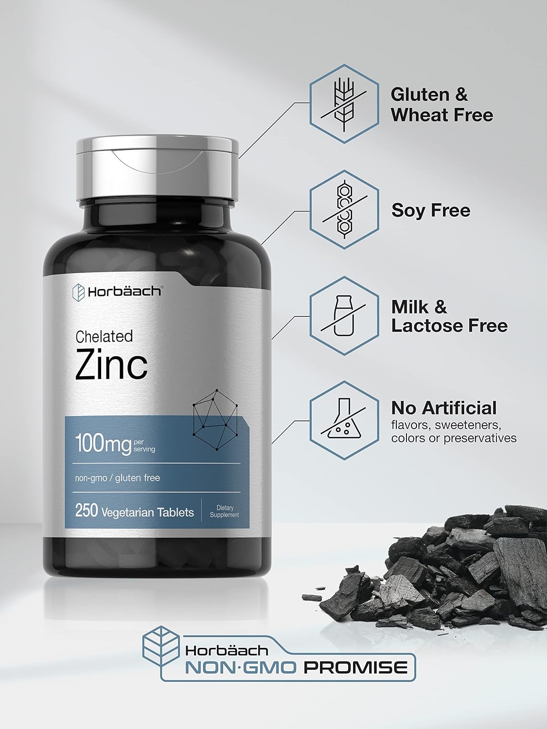 Horbäach Chelated Zinc Supplement 100mg | 250 Tablets | High Potency & Superior Absorption | Vegetarian, Non-GMO, Gluten Free