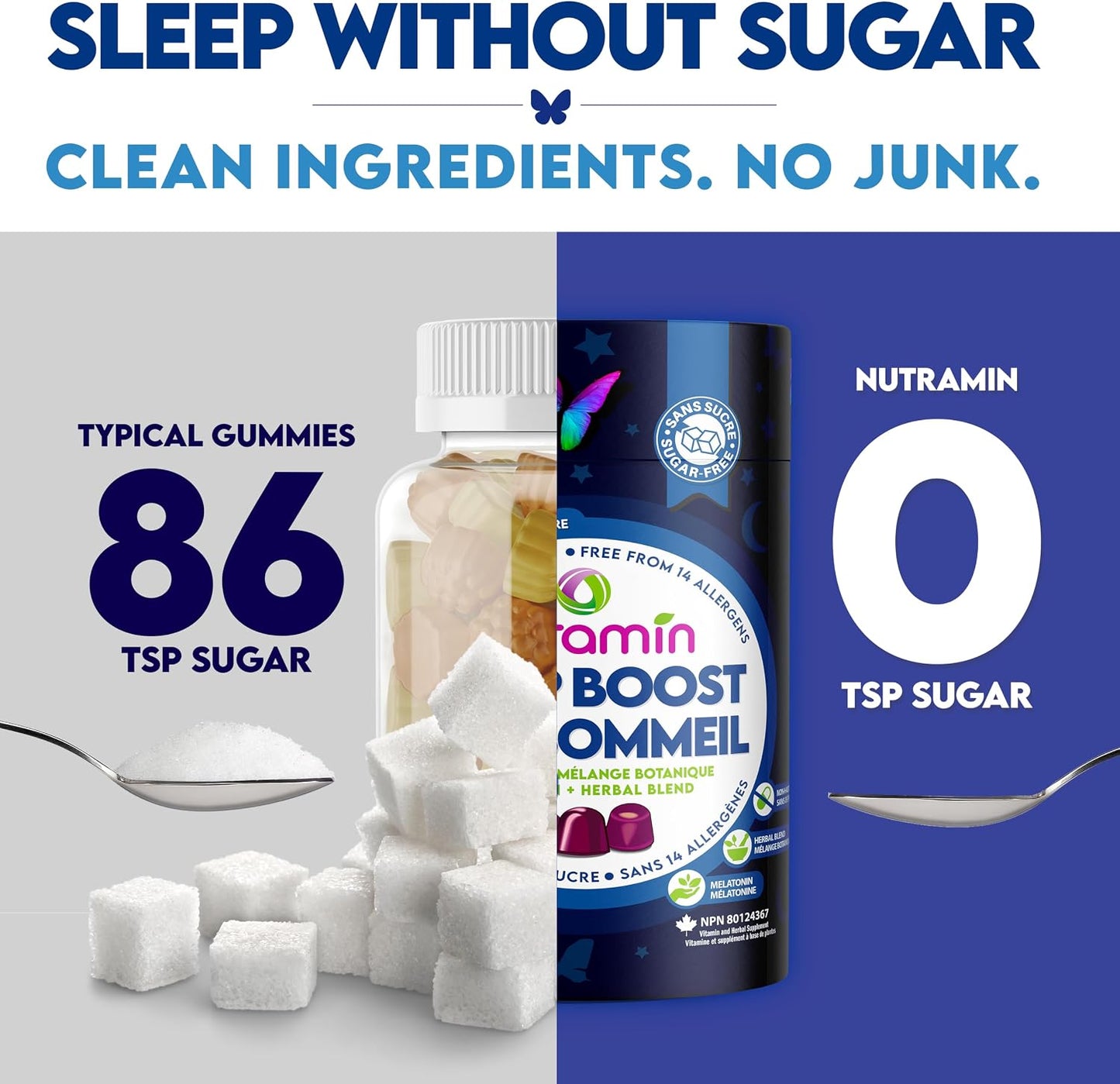 NUTRAMIN Sleep Boost - Dual Sleep Formula Melatonin + Herbal Blend - Sugar-Free, Vegan, Apple Pectin, Dark Cherry 60 ct