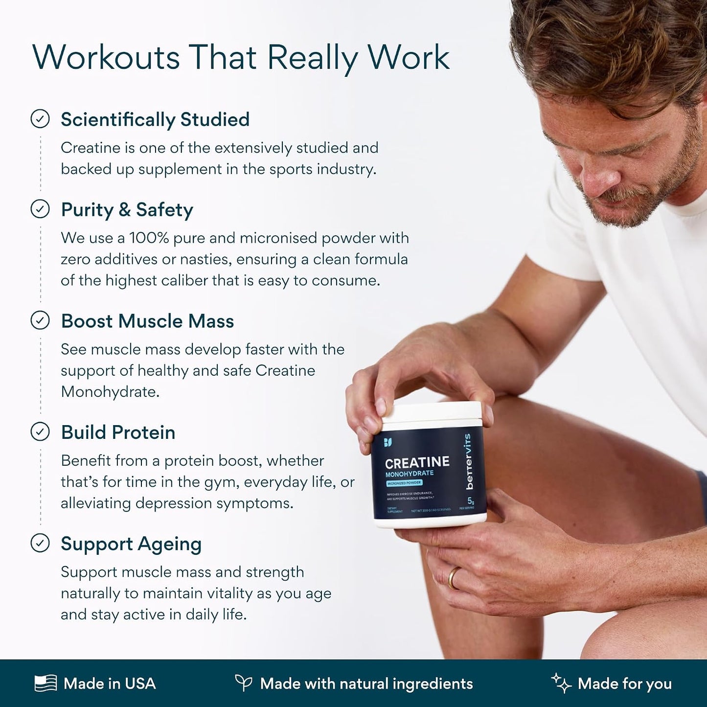 Bettervits Creatine Monohydrate Powder – 100% Pure Micronized Creatine 5g | Unflavoured Creatine Workout Supplement for Muscle Strength, Power & Growth | Vegan Creatine for Women & Men | 60 Servings