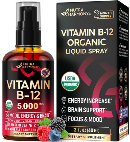 USDA Organic Vitamin B12 Sublingual Drops - 5000 mcg Liquid Vegan Methylcobalamin for Women & Men - Energy Boost, Focus & Mood, Brain Health Support - Maximize Absorption - 2 Month Supply, 2 fl oz
