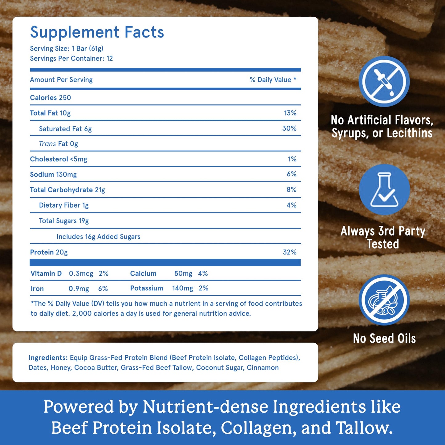 Equip Foods High Protein Prime Bars – Grass Fed Beef Protein, Collagen & Tallow – Gut Friendly, Gluten Free 20g Protein Bars - Only Real-Food Ingredients - Peanut Butter Chocolate, 12 Count