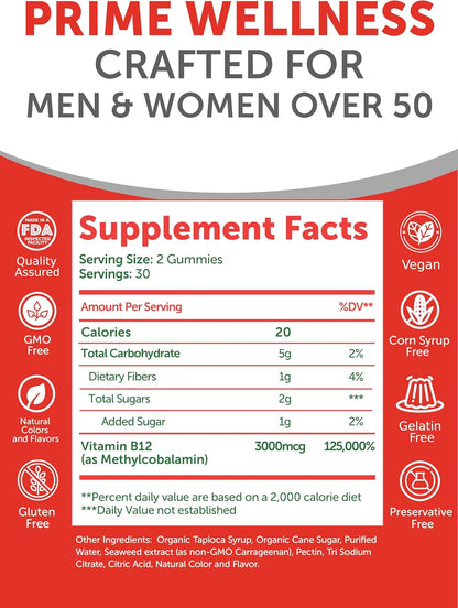 Lunakai USA Made Vitamin B12 Gummies for Adults 50+, 3000mcg, 60ct | Non-GMO, Vegan B12 Supplement for Energy Metabolism & Daily Vitality Support - Tasty & Non-Sticky Gummies