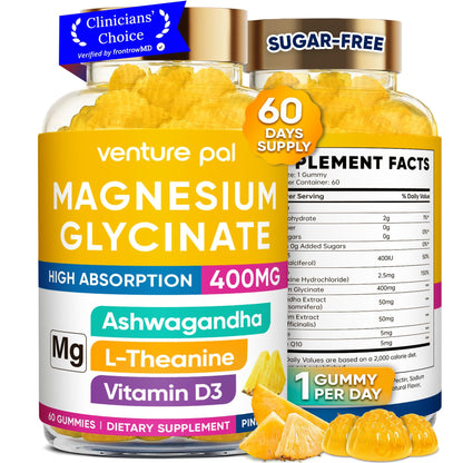 60 Day Supply Magnesium Glycinate 400mg Gummies Sugar Free High Absorption | With Ashwagandha, L-Theanine, CoQ10, Vitamin D3 & B6, Adults & Kids, Stress Relief, Sleep & Calm, Vegan, Gluten Free