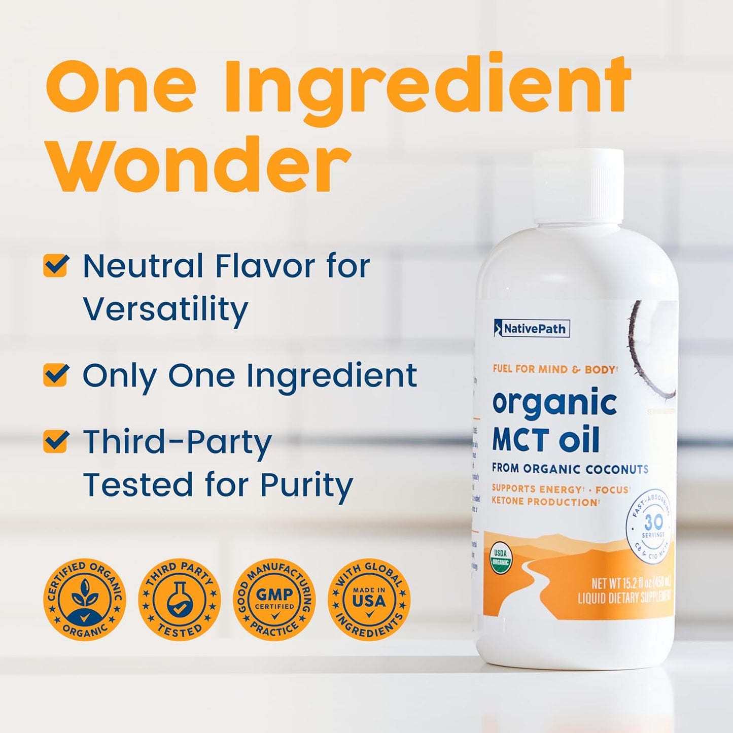 NativePath MCT Oil, Organic, C8 & C10, Flavorless, 30 Servings | From 100% Coconut, Keto Coffee, Smoothies, Dressings, Supports Clean Energy & Focus, Vegan, Non-GMO