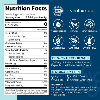 Venture Pal High Sodium Sugar Free Electrolytes Powder Packet, 16 Sticks | Hydration Packets with Vitamin, Sodium & Potassium, Zero Calories, Vegan, Keto & Paleo Friendly Electrolyte Drink Mix