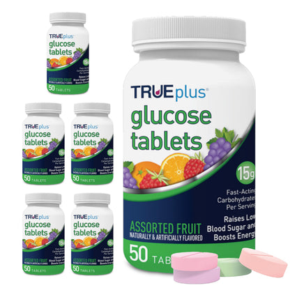 TRUEplus Glucose Tablets, Grape, Raspberry, Orange Flavors, 50 Count | Chewable Tablets, 15g Fast-Acting Carbohydrates, Fat Free, Gluten Free, Boosts Energy, Great Tasting and Easy to Use