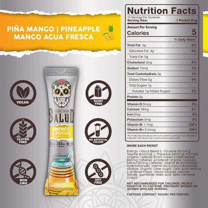 Salud 2-Pack | 2-in-1 Hydration + Immunity (Mango) & Energy + Focus (Pineapple Mango) – 15 Servings Each, Agua Fresca Drink Mix, Non-GMO, Gluten Free, Vegan, Low Calorie, 1g of Sugar