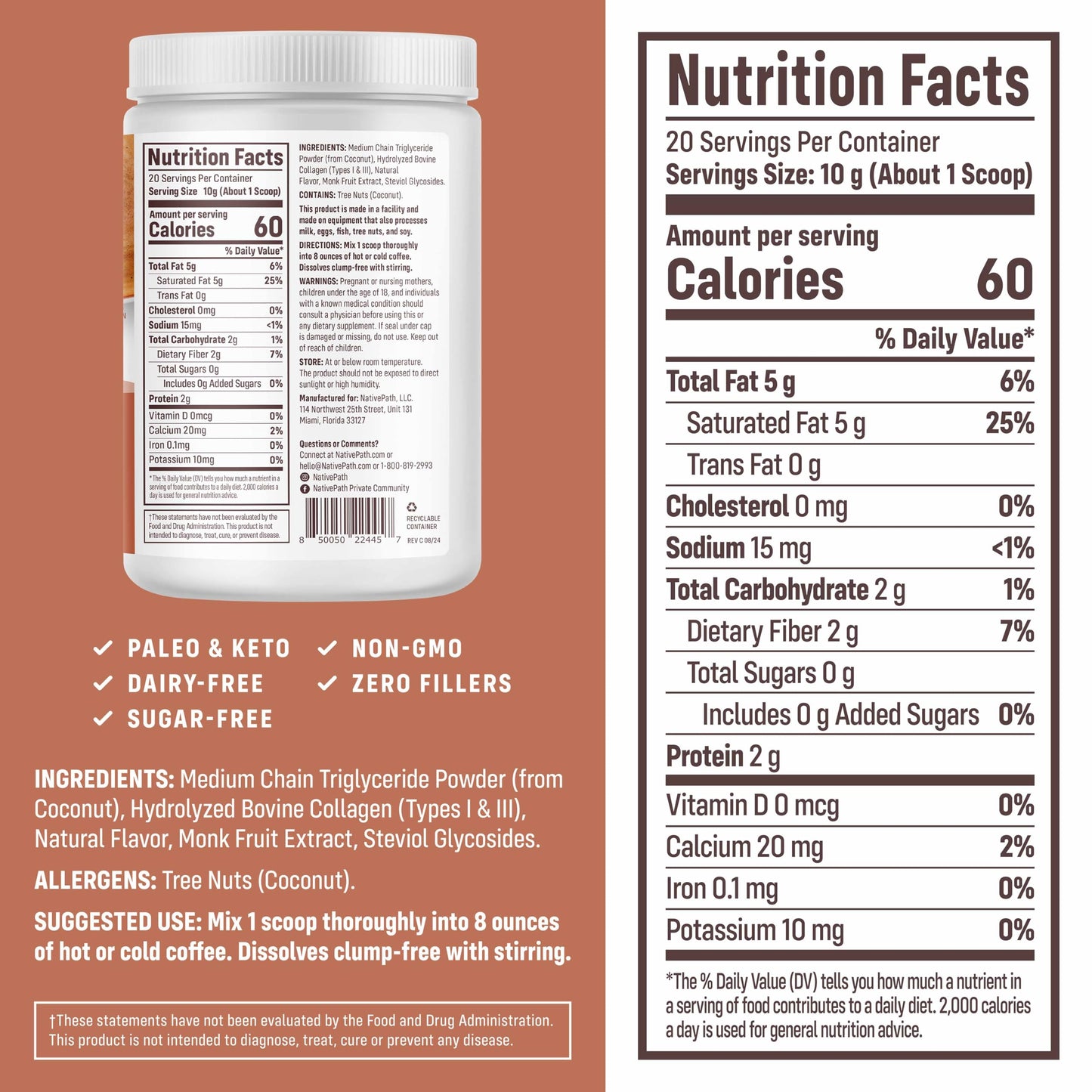 NativePath Keto Creamer, French Vanilla, Collagen & MCT, 20 Servings | Sugar-Free, Monk Fruit Sweetened, Non-Dairy & Creamy, Supports Skin, Hair & Nails, Low-Carb Friendly