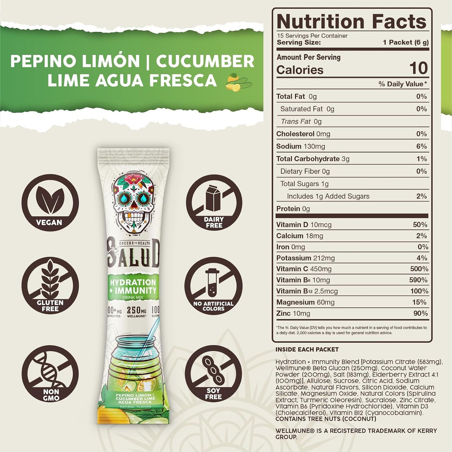 Salud 2-Pack | 2-in-1 Hydration + Immunity (Paloma) & Hydration + Immunity (Cucumber Lime) – 15 Servings Each, Agua Fresca Drink Mix, Non-GMO, Gluten Free, Vegan, Low Calorie, 1g of Sugar
