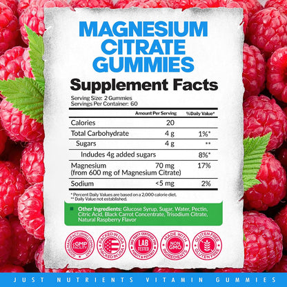 Magnesium Citrate 600mg Gummies (120 Count) - Maximum Strength, Supports Calm, Bone, Heart & Nerve Health - Gluten-Free, Non-GMO, Vegetarian, Great Tasting Raspberry Flavor - 60 Servings