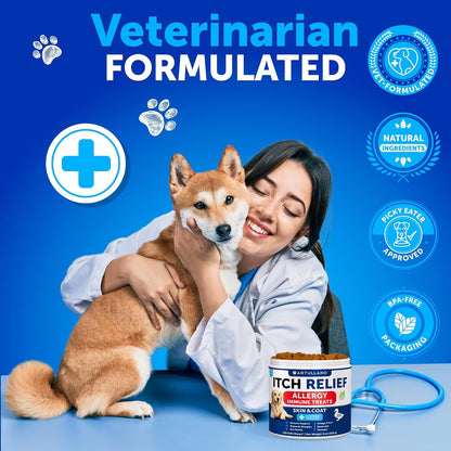 Dog Allergy Relief Chews - Itching Skin Relief for Dogs - Fish Oil - Omega 3 - Seasonal Allergies Pills - Skin & Coat, Anti Itch,Hot Spots Treatment - Canine Immune Health Supplement - 120 Soft Treats