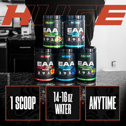Huge EAA + Hydration, Essential Amino Acids Powder, EAAs & BCAAs, Intra & Post Workout Recovery Powder, Muscle Growth, Recovery & Performance, 10g EAAs & Electrolytes, Kiwi Blueberry, 30 Servings