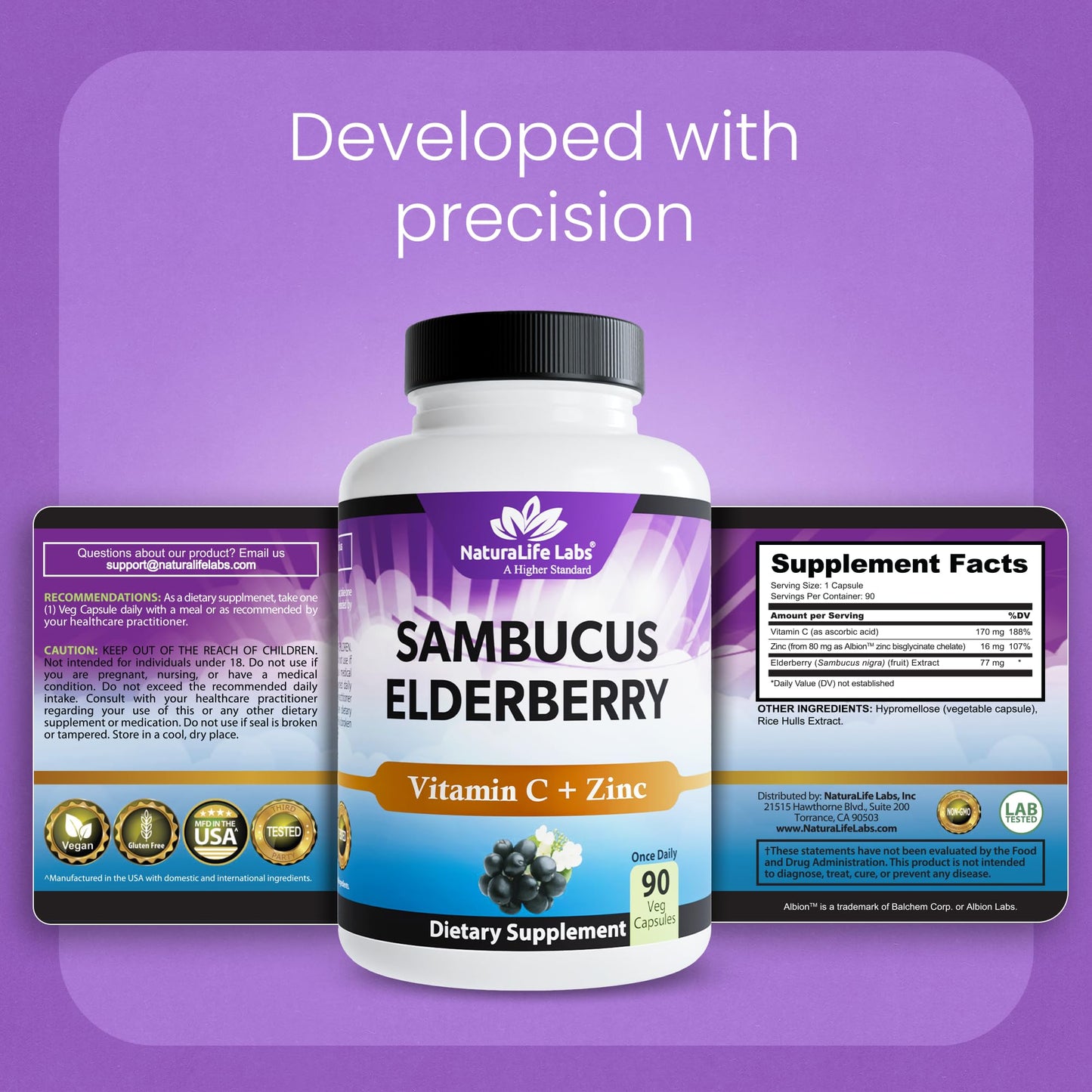 NaturaLife Labs Sambucus Elderberry Capsules – with Vitamin C & Zinc – Immune Support Supplement – 90 Vegan Capsules – Non-GMO & Gluten-Free