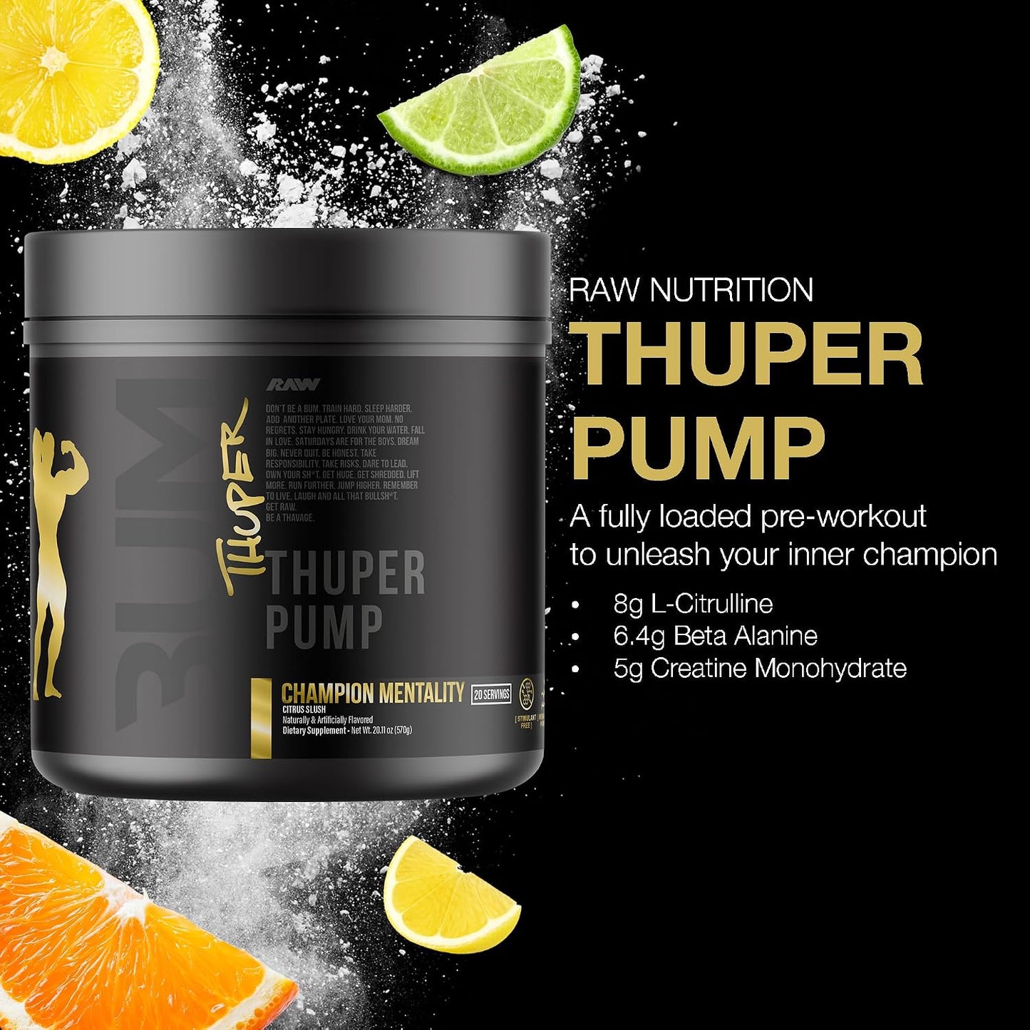 RAW Thuper Pump Stim Free Pre Workout Powder - High-Dosage Caffeine-Free Pre Workout for Max Muscle Pumps & Strength Building - Non-Stimulant Preworkout with Creatine - 20 Servings, Champion Mentality