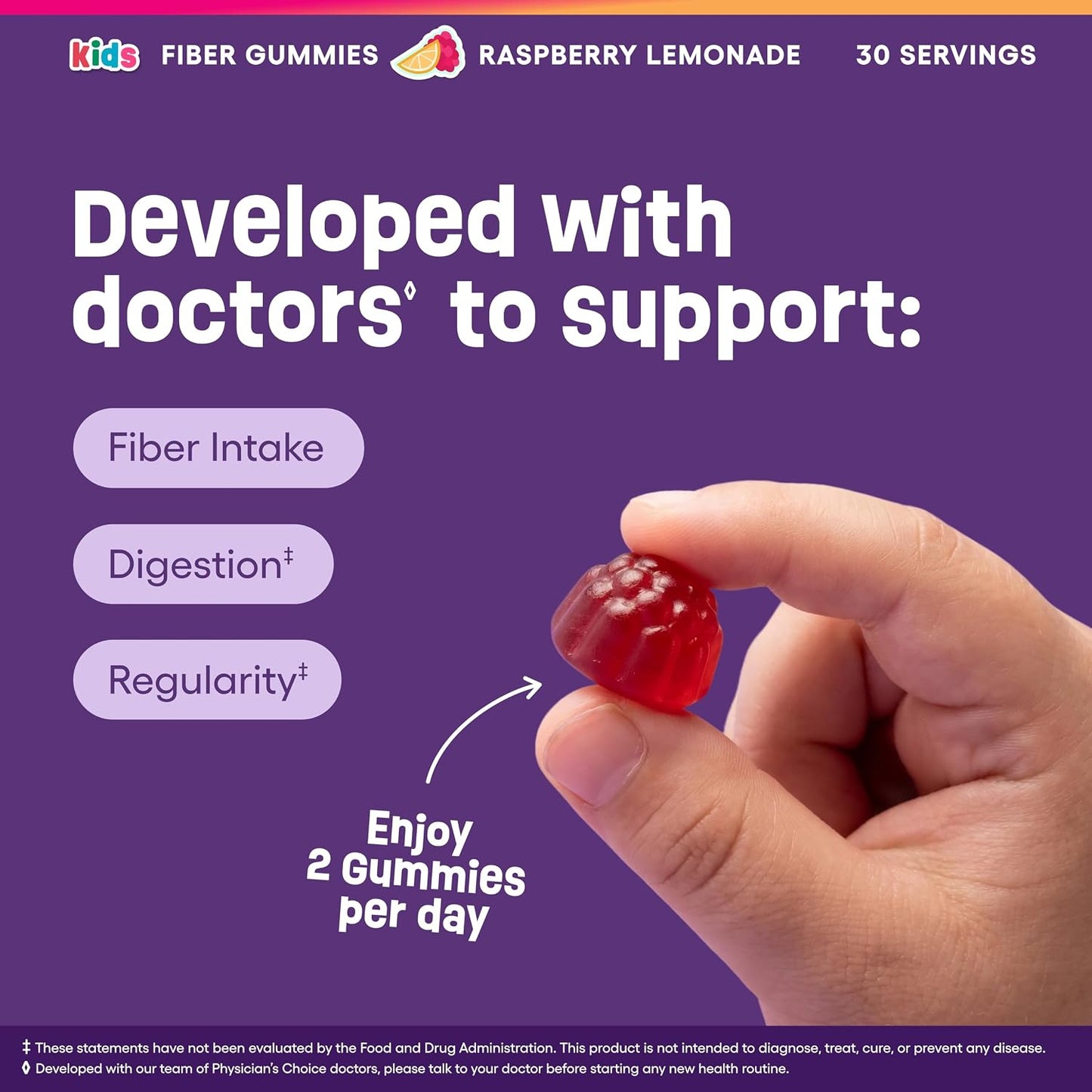 Physician's Choice Fiber Gummies for Kids - Supports Regularity, Occasional Constipation & Digestive Health - Sugar Free, Vegan, No Artificial Flavors - 3g Prebiotic Fiber - Raspberry Lemonade - 60 CT