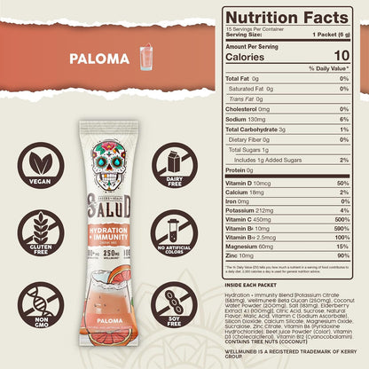 Salud 2-Pack | 2-in-1 Hydration + Immunity (Hibiscus) & Hydration + Immunity (Paloma) – 15 Servings Each, Agua Fresca Drink Mix, Non-GMO, Gluten Free, Vegan, Low Calorie, 1g of Sugar
