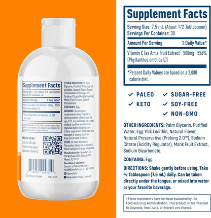 NativePath Liposomal Vitamin C 500mg, Orange, 30 Servings | From Whole-Food Amla, High Absorption Antioxidant, Supports Collagen Production, Soy-Free Liquid, Non-GMO