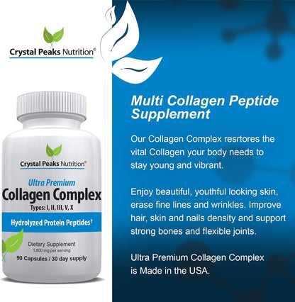Collagen Peptide Pill - Types I, II, III, V, X - Anti-Aging - Premium Collagen Supplements & Collagen Pills - Hydrolyzed Protein Pills for Women & Men 1800 mg for Youthful Skin