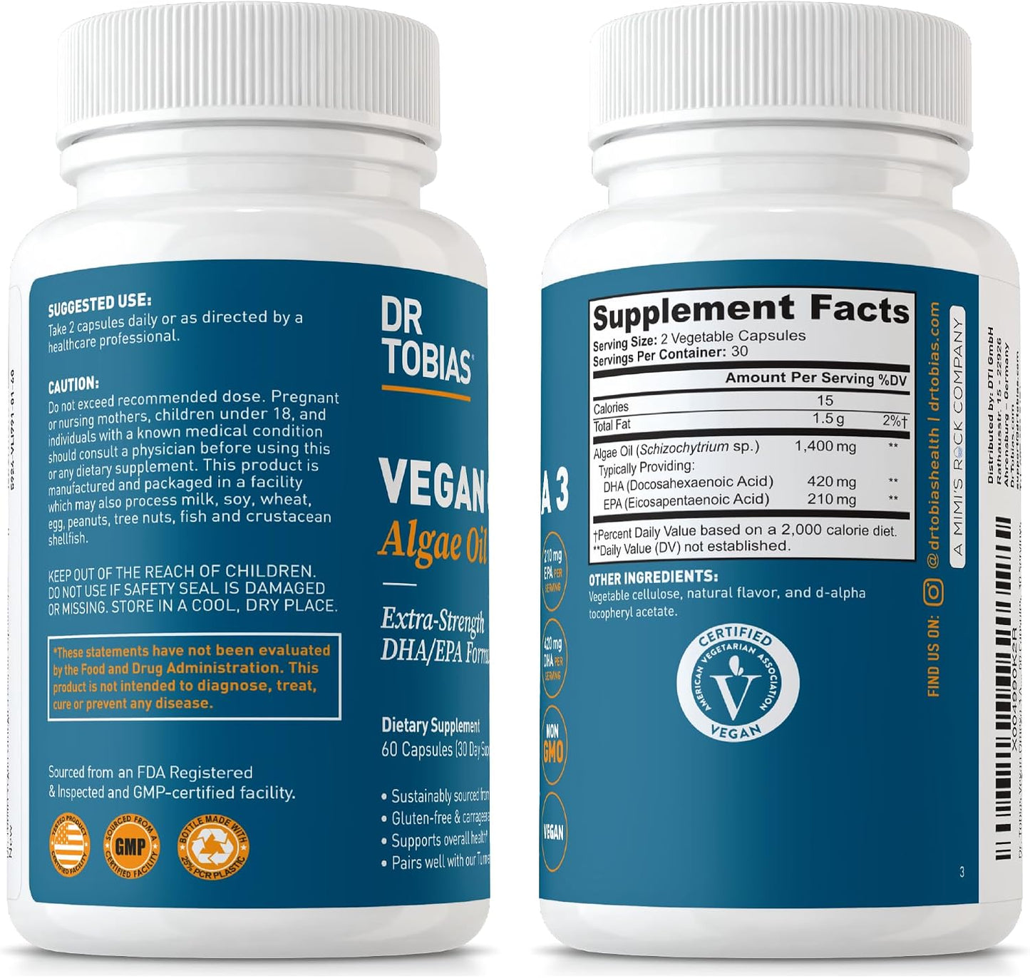 Dr. Tobias Vegan Omega 3 Algae Oil 60 Capsules | Extra-Strength DHA EPA | Plant-Based Omega 3 Supplement | Heart & Brain Support | 420 mg DHA + 210 mg EPA | Lemon Flavor | 30 Servings