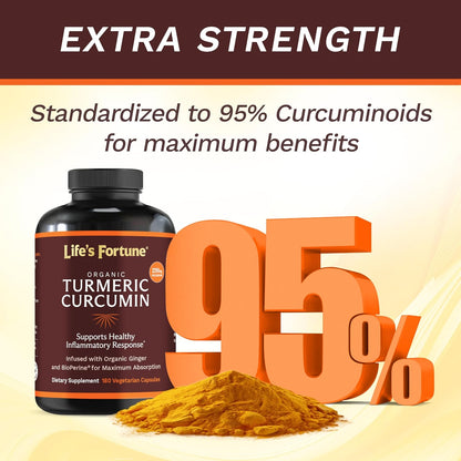 Life's Fortune Organic Turmeric Curcumin with Black Pepper and Ginger, Enhanced Absorption, Extra Strength Supplement, Joint & Immune Support, Non-GMO, 180 Cap - 2250mg