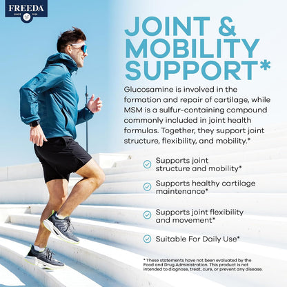 FREEDA Glucosamine 1500mg + MSM 750mg for Bone & Joint Support – 100ct | For Active Lifestyles – Supports Knees, Hips, Flexibility, & Mobility – Vegan, Kosher, Shellfish-Free, Made in USA