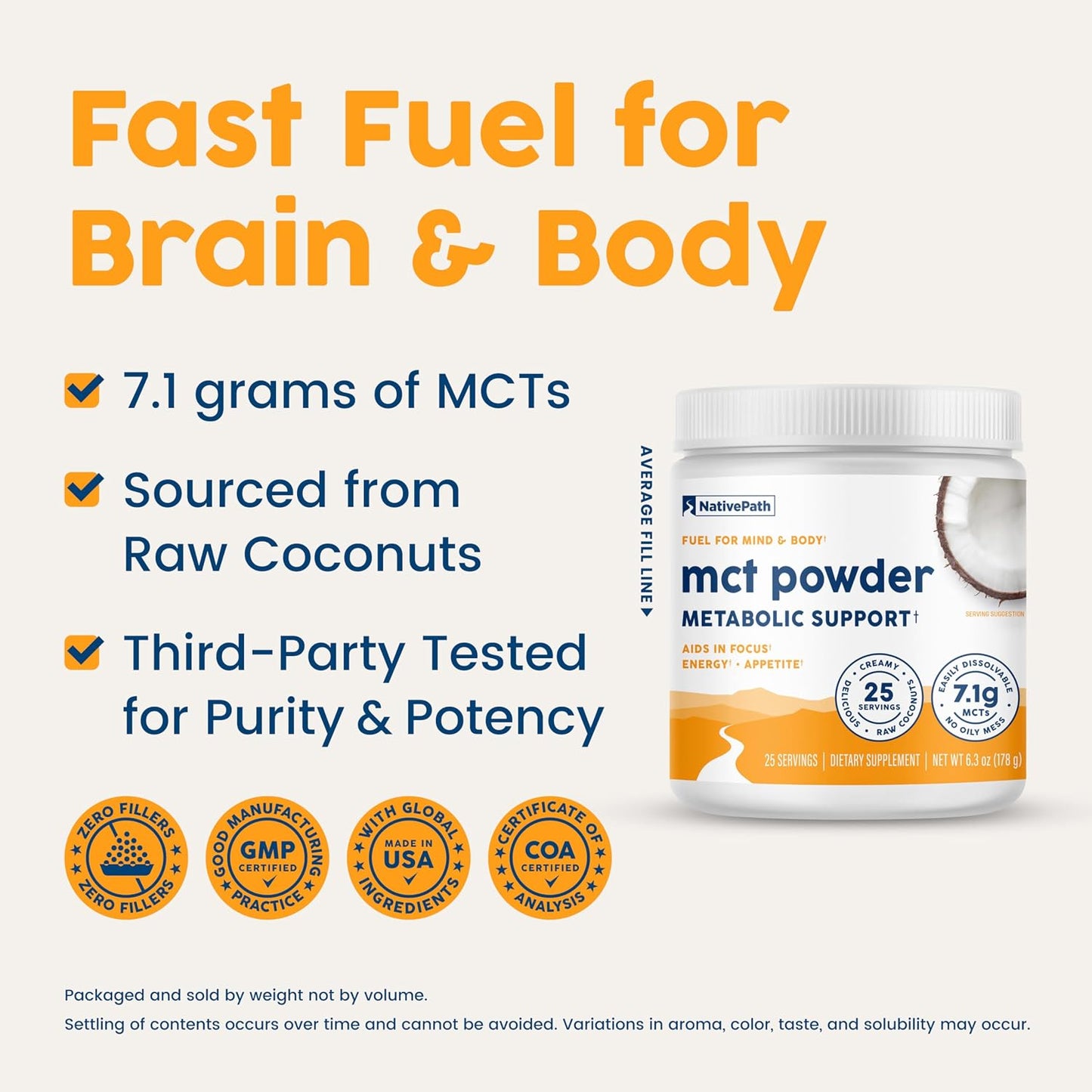 NativePath MCT Oil Powder, Keto C8 & C10, Unflavored, 25 Servings | From Coconut, Supports Clean Energy & Ketones, Coffee & Smoothies, Dairy-Free, Prebiotic Acacia Fiber