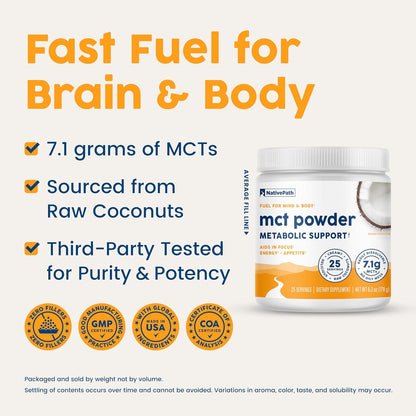 NativePath MCT Oil Powder, Keto C8 & C10, Unflavored, 25 Servings | From Coconut, Supports Clean Energy & Ketones, Coffee & Smoothies, Dairy-Free, Prebiotic Acacia Fiber