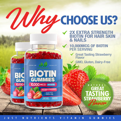 Biotin 10,000mcg Gummies for Hair Growth, Skin & Nails (100 Count) | 2x Maximum Strength Biotin Vitamins for Women & Men - Gluten-Free, Vegan, Great Tasting Strawberry Flavor