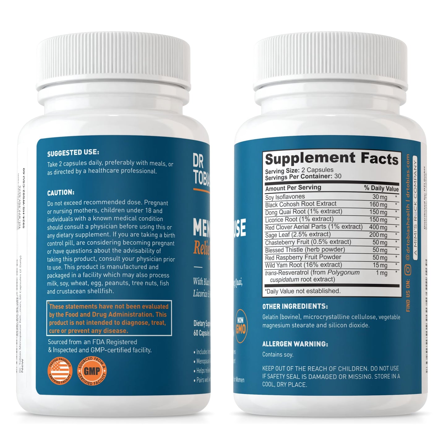 Dr. Tobias Menopause Relief 60 Capsules | Menopause Supplements for Women | Menopause Wellness Support | Black Cohosh + Soy Isoflavones | Hot Flashes, Mood & Nighttime Comfort | 30 Servings
