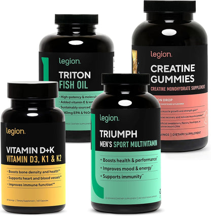 LEGION Men’s Wellness Stack – Creatine Gummies + Triumph Multivitamin + Vitamin D3 K2 + Triple Strength Omega 3 Fish Oil – Strength, Energy, Heart & Immune Support