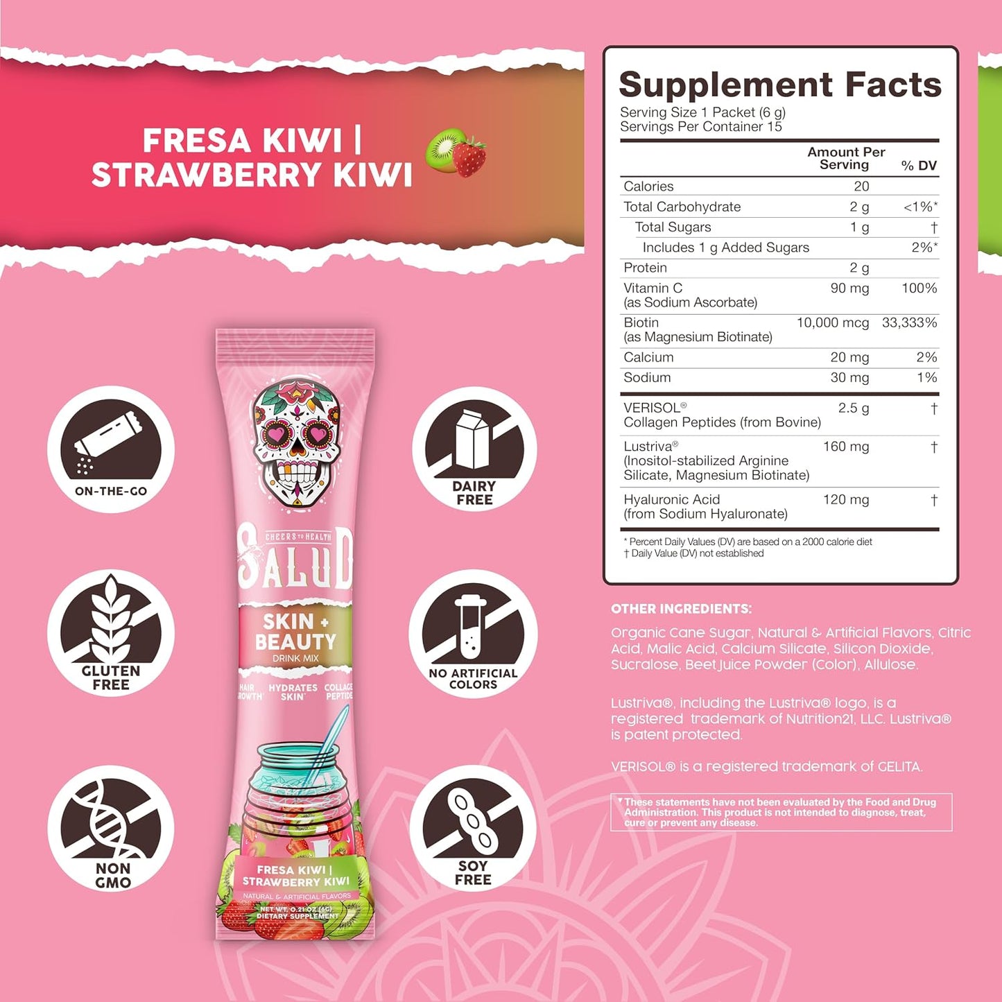 Salud 2-in-1 Skin + Beauty Drink Mix, Strawberry Kiwi | Collagen Peptides with Verisol, Hyaluronic Acid, Vitamin C, Biotin + Lustriva, Hydration Sticks, Gluten Free (15 Servings)