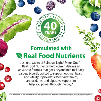 Rainbow Light Mens Multivitamin One + | 150 Caplets | Supports Cellular Energy & Immune Health | with Vitamins C, D, and Zinc | Real Food Nutrients, Digestive Enzymes & Probiotics