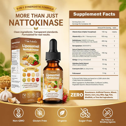 Nattokinase 10800 FU Supplement Liquid Drops, Ultimate 9-in-1 Natto -kinase Serrapeptase Enzyme Blend w. Bromelain Curcumin CoQ10 K2 MK7 for Circulatory Heart & Digestive Spike, Liposomal Tech