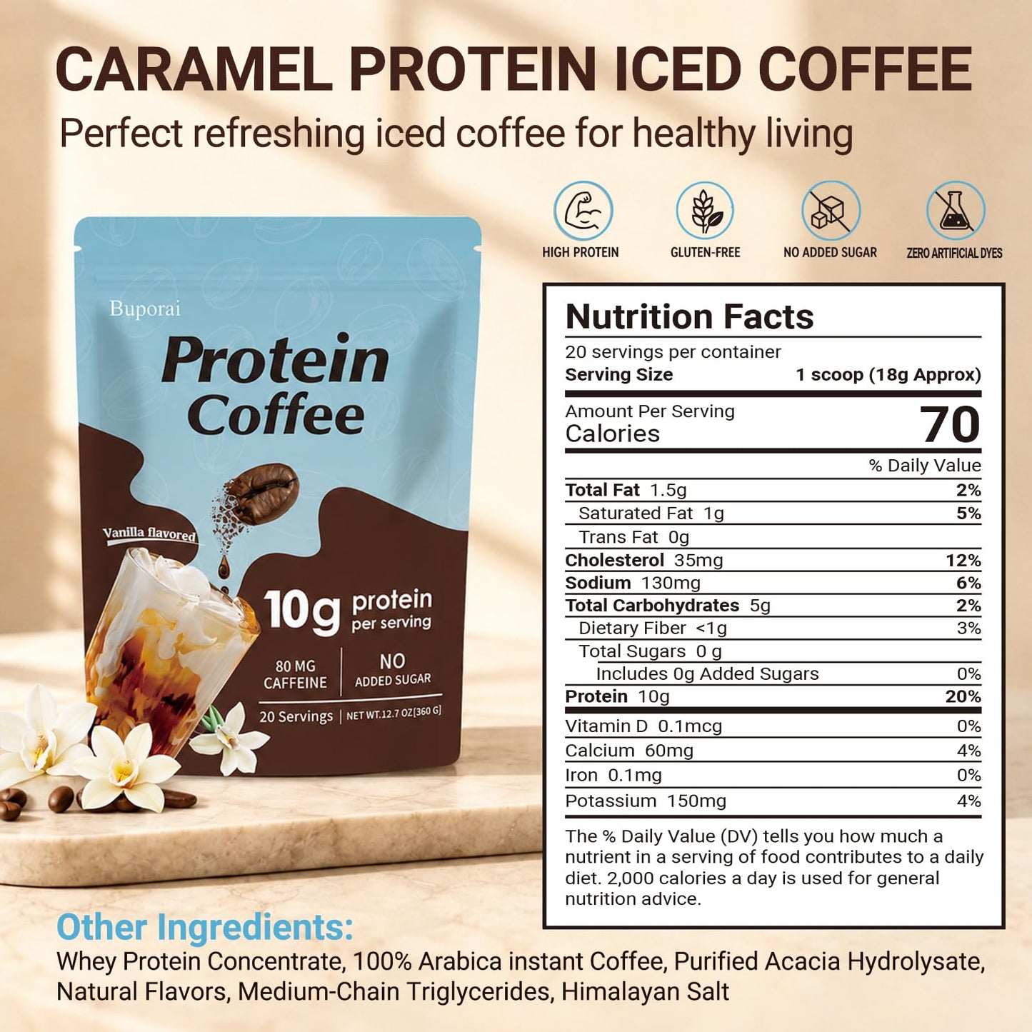 Caramel Protein Coffee Powder - Instant Iced Coffee, Sugar Free, Keto Friendly, 10 g Protein, 80 mg Caffeine Per Serving - 20 Servings