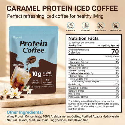 Caramel Protein Coffee Powder - Instant Iced Coffee, Sugar Free, Keto Friendly, 10 g Protein, 80 mg Caffeine Per Serving - 20 Servings