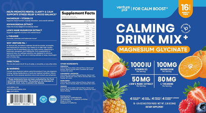 Venture Pal Calm Drink Mix, 12-in-1 Cortisol Reducer & Sleep Aid | Magnesium Glycinate, Ashwagandha, L-Theanine & Vitamin D, Calm Magnesium Powder for Relax & Focus, No Sugar, Non GMO
