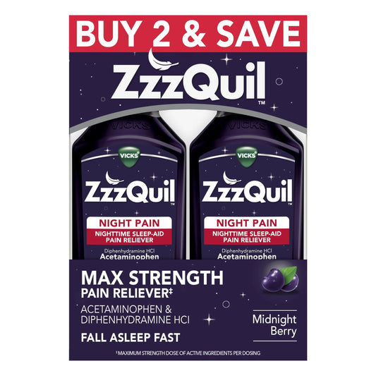 ZzzQuil Liquid, Max Strength Pain Reliever, Nighttime Sleep Aid Liquid, Acetaminophen 1000mg, Diphenhydramine 50mg HCI, Non-Habit Forming, Midnight Berry Flavored, 2 Pack, 24 FL OZ ZzzQuilBuy Supplements Australia