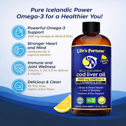 Life's Fortune Cod Liver Oil Liquid Lemon Flavor Organic Supplement with DHA, EPA 1000 mg High Potency Omega-3s + Vitamin A, E & D3 - Supports Immune, Joints, Eyes, 16 Fl Oz (Pack of 1)