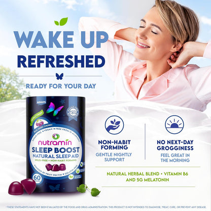NUTRAMIN Sleep Boost - Dual Sleep Formula Melatonin + Herbal Blend - Sugar-Free, Vegan, Apple Pectin, Dark Cherry 60 ct