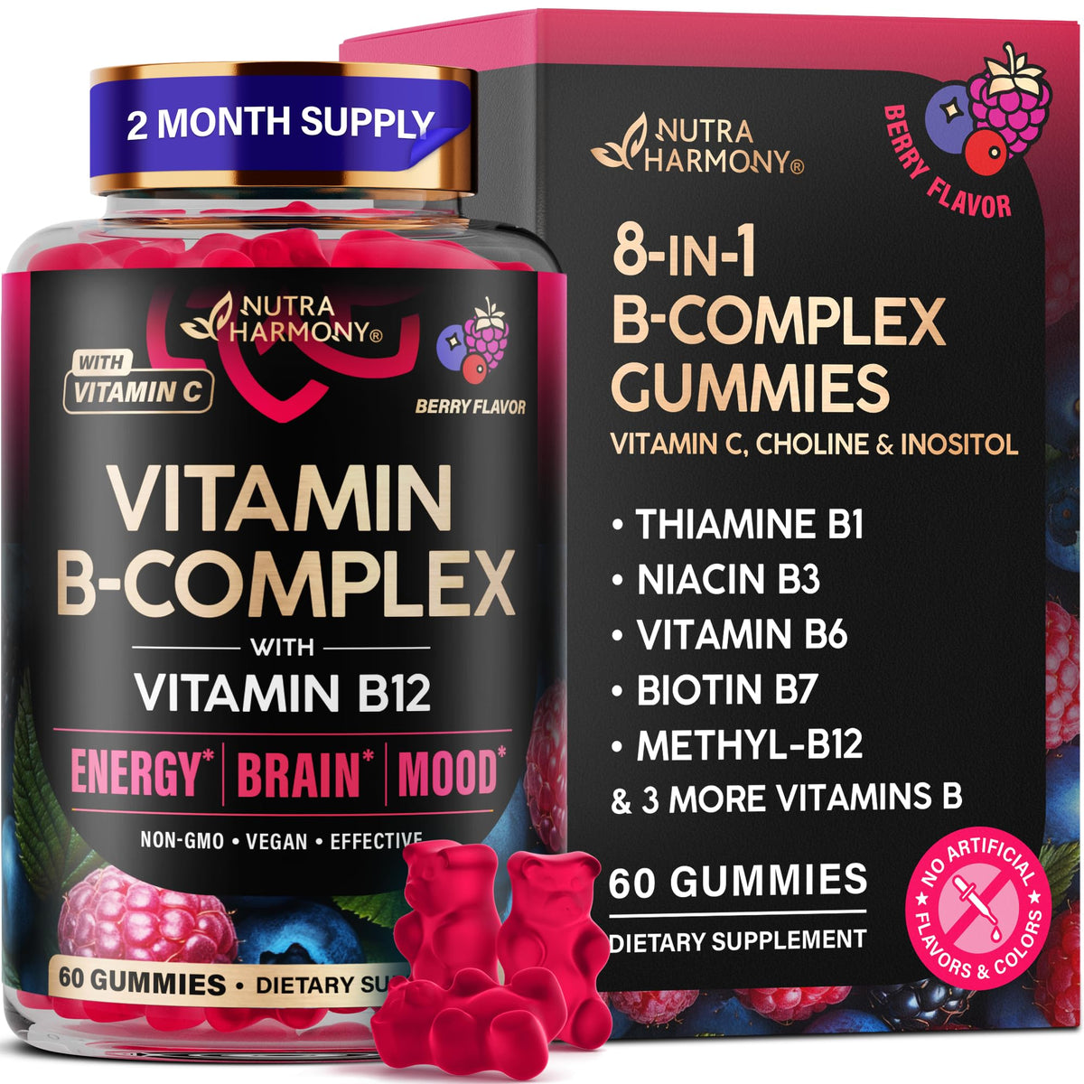 Vitamin B-Complex Gummies for Women & Men - Vitamin B12, B1, B2, B3, B5, B6, B7 & B9 - B Complex with Vitamin C & Choline - Energy, Brain & Mood - Natural Berry Flavor, Vegan - 60 Gummies for 2 Months