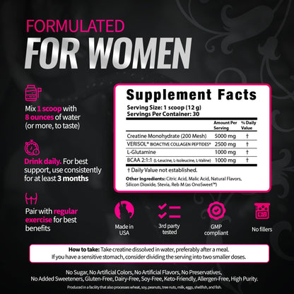Bold Buns Creatine for Women – Supplement with Collagen & BCAA – Supports Muscle Development, Post-Workout Recovery, Skin Elasticity, Healthy Hair & Nail (30 Servings, Unflavored)
