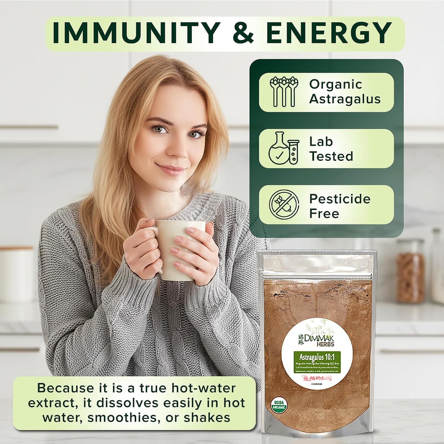 Organic Astragalus Root Extract 10:1 Powder (Ultra Potent Immune Tonic)- TCM Doctor Sourced Huang Qi for Vitality, Telomere Support & Jing- No Cooking Needed, Instant Tea (4oz)
