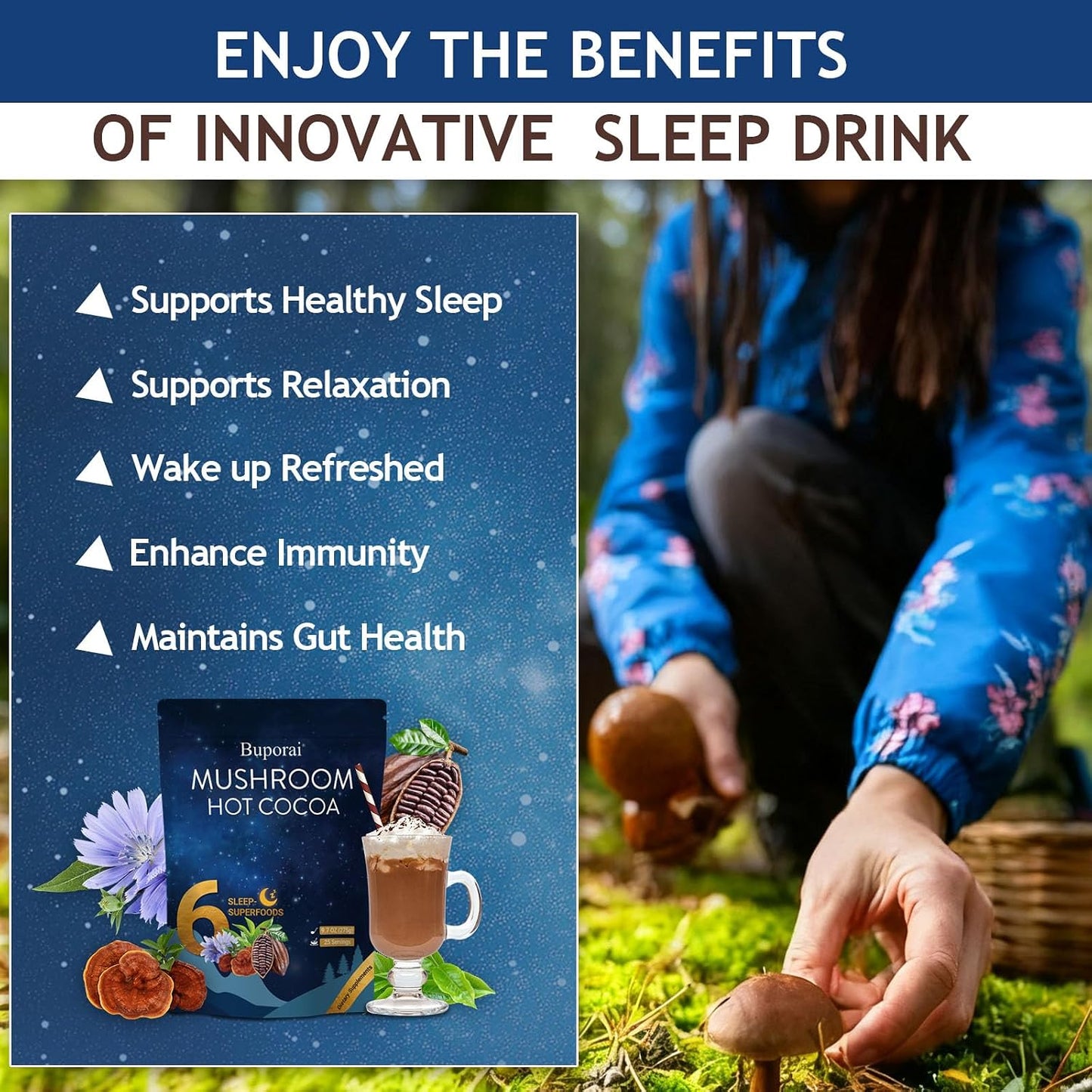 Mushroom Hot Cocoa with Melatonin, Reishi | L-Theanine, Cocoa Powder Hot Chocolate Nighttime Drink Mix for Sleep & Relax - 30 Servings