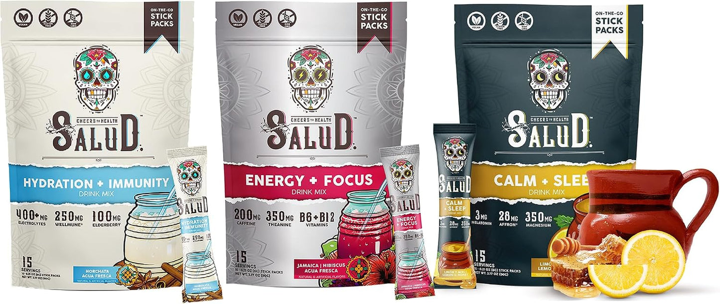 Salud Variety 3-Pack | 2-in-1 Hydration + Immunity (Horchata), Energy + Focus (Hibiscus) & Calm + Sleep (Lemon Honey) – 15 Servings Each, Non-GMO, Gluten Free, Low Calorie, 1g of Sugar