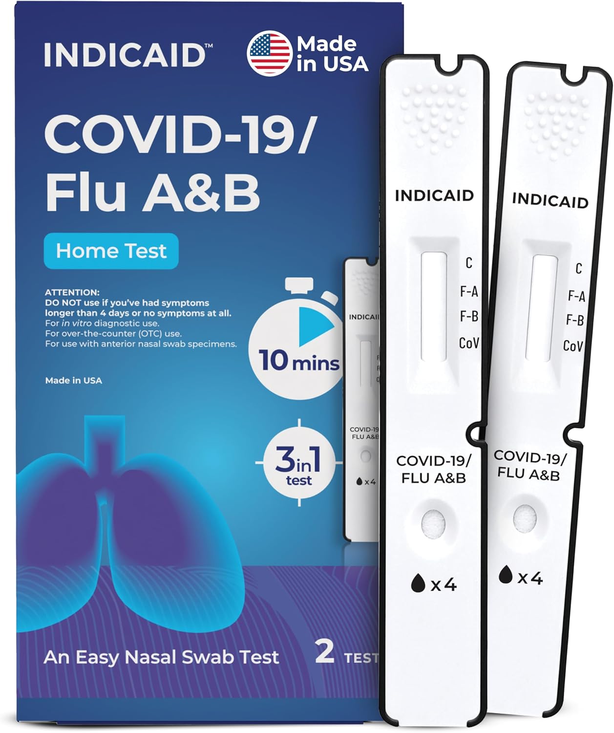 INDICAID COVID-19/Flu A&B 3-in-1 Antigen Test, Covid Flu Test Combo Kit, Accurate Results in 10 Minutes, Made in USA, 2 Tests Easy to Use at Home, School, Working Place, FSA/HSA Eligible | Covid Flu Home Test,