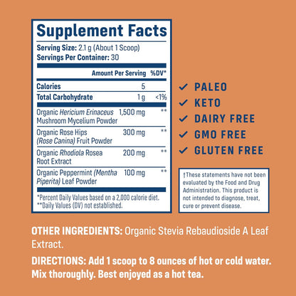 NativePath Native Mind Organic Adaptogen Herbal Support Blend - Organic Mushroom Drink Powder with Lion's Mane, Rhodiola & Rose Hips - 30 Servings | Rhodiola & Rose Hips In Peppermint, Supports Focus, Calm & Immune Health, Caffeine-Free, Organic, Keto