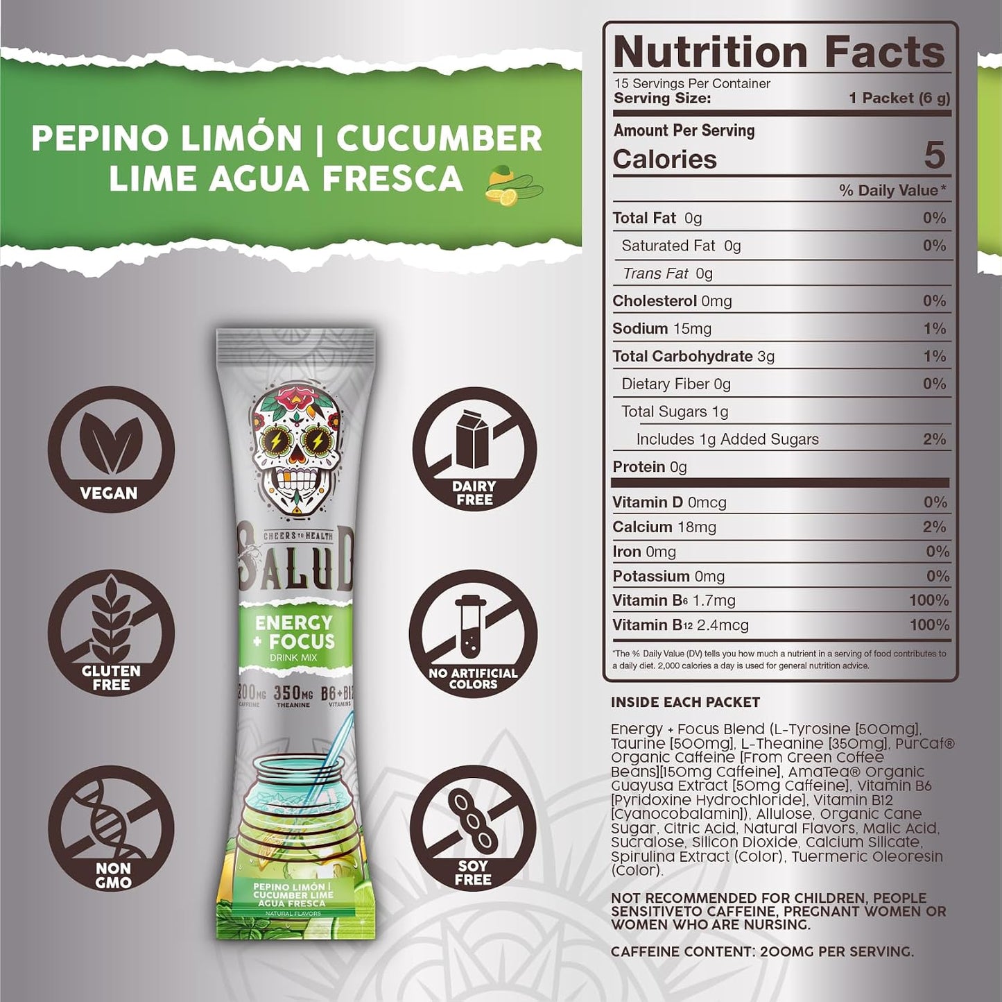 Salud 2-Pack | 2-in-1 Hydration + Immunity (Lemonade) & Energy + Focus (Cucumber Lime) – 15 Servings Each, Agua Fresca Drink Mix, Non-GMO, Gluten Free, Vegan, Low Calorie, 1g of Sugar