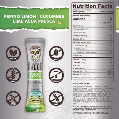 Salud 2-Pack |2-in-1 Energy + Focus (Hibiscus) & Energy + Focus (Cucumber Lime) – 15 Servings Each, Agua Fresca Drink Mix, Non-GMO, Gluten Free, Vegan, Low Calorie, 1g of Sugar