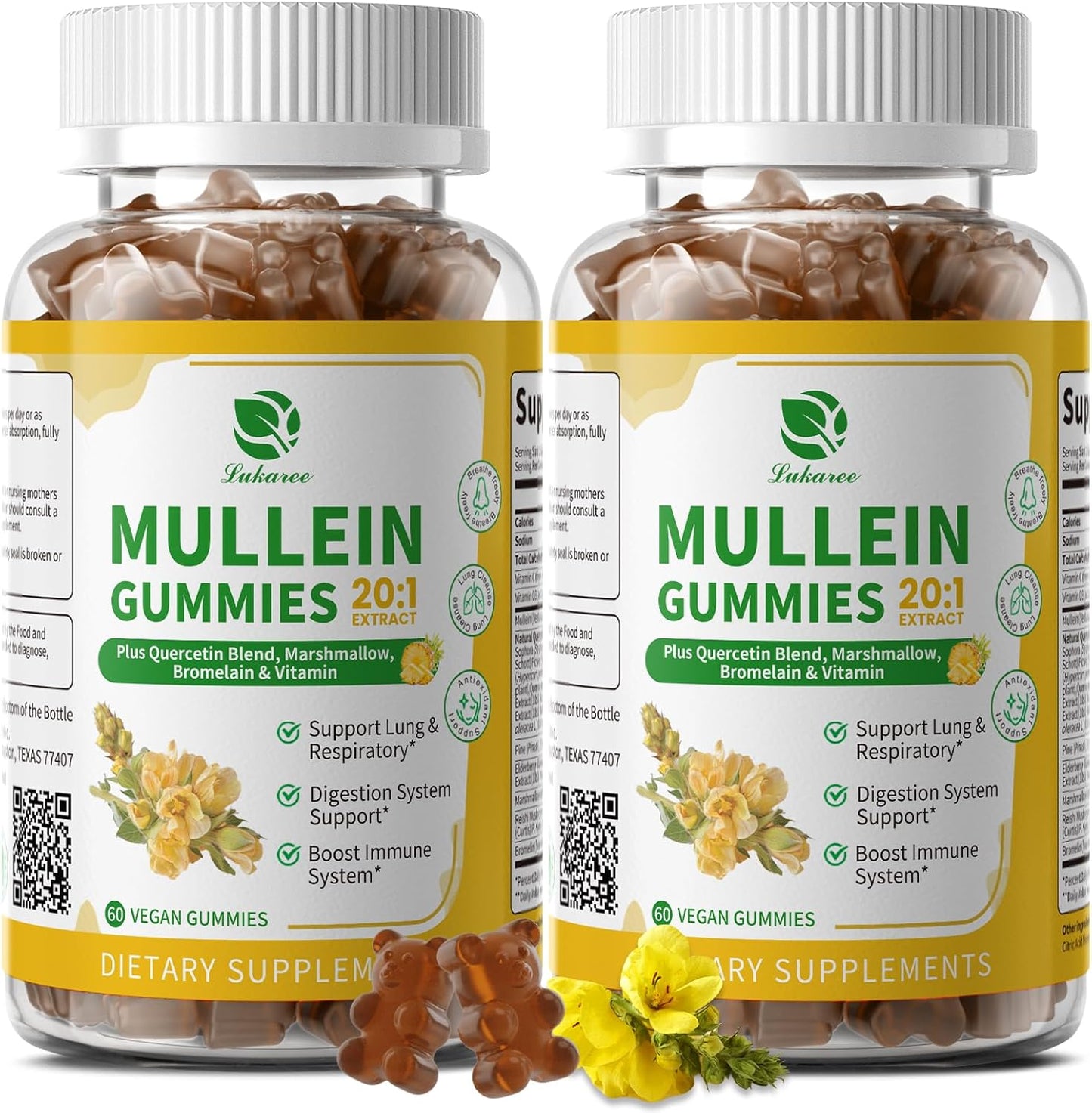 (2 Pack) Mullein Gummies for Lung Cleanse & Lymphatic Drainage* -120 Count | Extra Strength Mullein Leaf Extract w/Quercetin, Elderberry & Marshmallow for Respiratory & Immunity - for Women & Men-Vegan