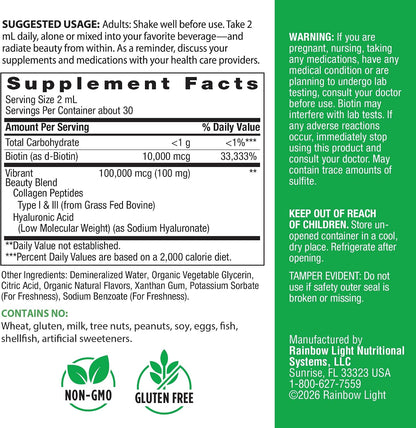 Rainbow Light Biotin, Collagen + Hyaluronic Acid Supplement | 110,000 mcg | Vanilla Citrus Flavor | Types I & III Collagen Peptides | For Men and Women
